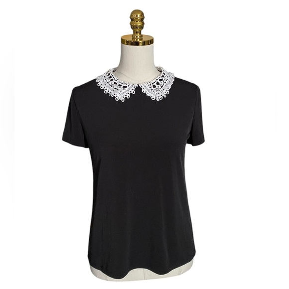 KARL LAGERFELD PARIS | Short Sleeve Lace-Collared Top Size S - Picture 1 of 7
